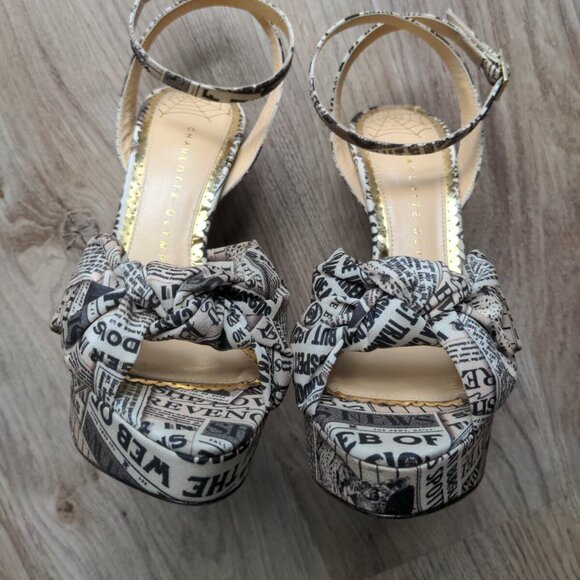 Charlotte Olympia Gazette News Print Platform Peep Toe Heels - Picture 6 of 12